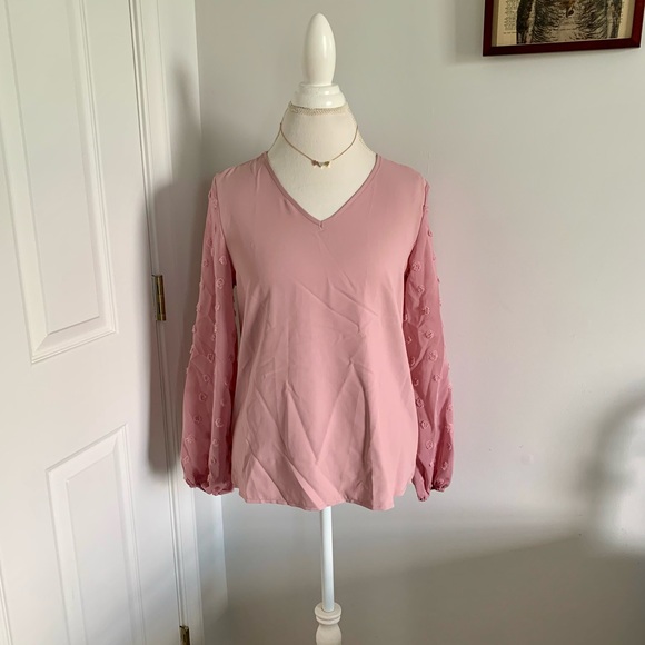 *Host Pick!🎉 Light Pink Swiss Dot Lantern Sleeve V-Neck Blouse - Picture 4 of 11